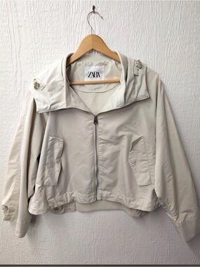 ZARA Light Cream Hooded Bomber Jacket
